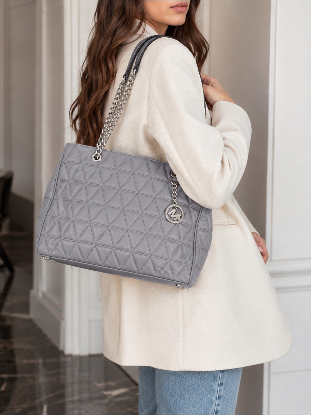 Michael Kors Gray Quilted Leather Chain Tote Shoulder Bag Silver Hardware